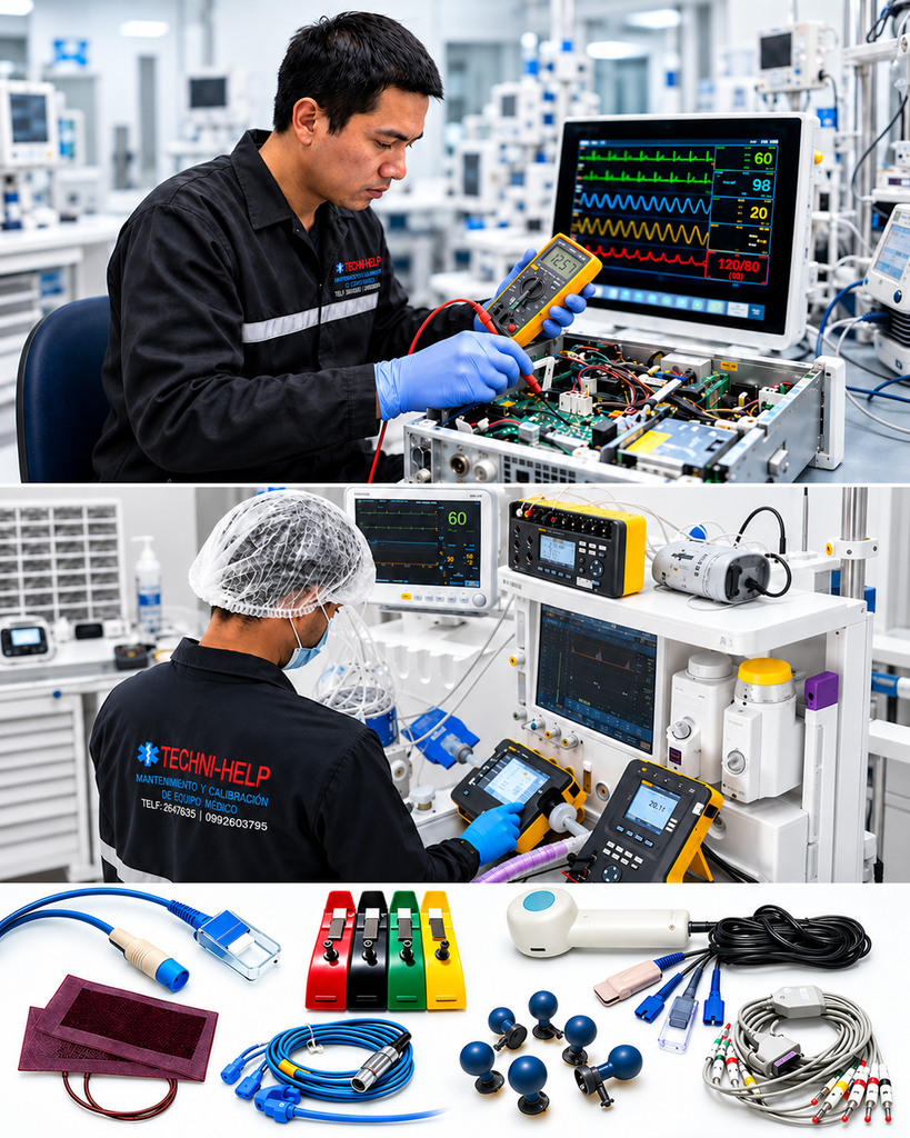 Técnicos de TECHNI-HELP calibrando y reparando equipos médicos, con accesorios biomédicos